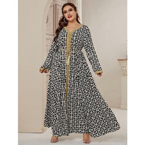 Muslim Fashion Plus Size Ethnic Maxi Dress for Women 2021 New Gold Ribbon Patchwork V Neck Long Sleeve Modest Arabic Clothes