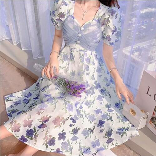 Bella Summer Elegant Floral Dress Women Korean Sweet Vintage V-neck Revolve Dress Casual Puff Sleeve Outdoor Beach Dress 2021