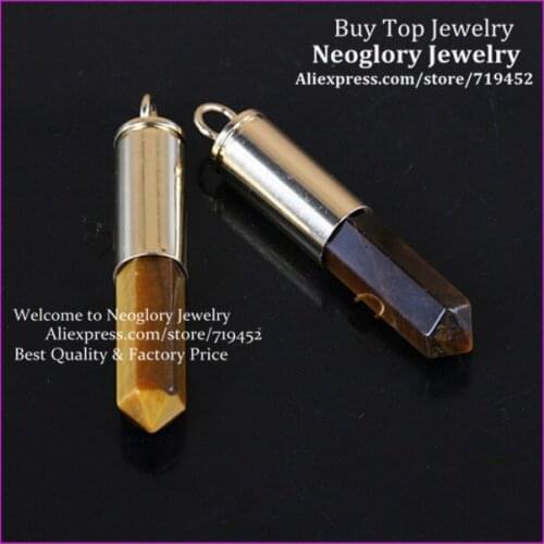10pcs Nature Tiger Eyes Gems Pendant Point Bullet Pendant Hexagon Quartz Druzy Pendant metal Plated Casing Pendant