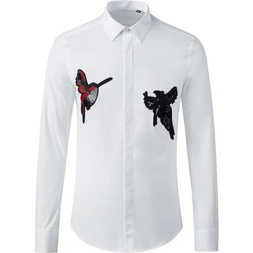 2020 New Arrival High Quality Fashion Brand Bead Stitching Badge Bird Embroidery Men Long Sleeve Casual Shirts Size MLXL2XL3XL