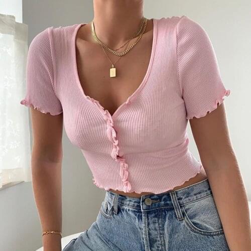2020 Sexy Women V-neck Short Sleeve Ruffle T-shirt Clubwear Buttons Bodycon Solid T-shirt Crop Tops Summer Outwear Drop SHIPPING