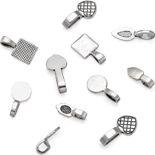 5Set Pendant Clip Clasp Tibetan Silver Color Alloy Flat Glue-on Bails Leaf Heart Square Tags Findings for DIY Jewelry Making