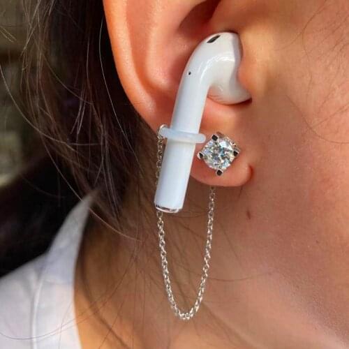 925 Sterling Silver Earrings Back Wireless Headphones Anti-drop Anti-lost Stud Protection Link Chain Plug
