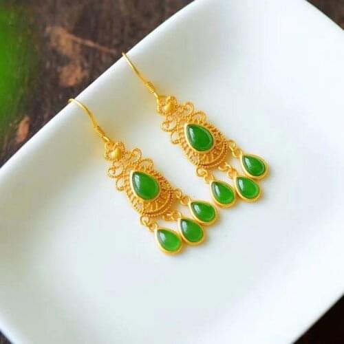 Antique Eardrops Long Tassel Natural Jasper Drop-Shaped Earrings Temperamental Fairy Vintage Earrings for Women Pure Silver Ear