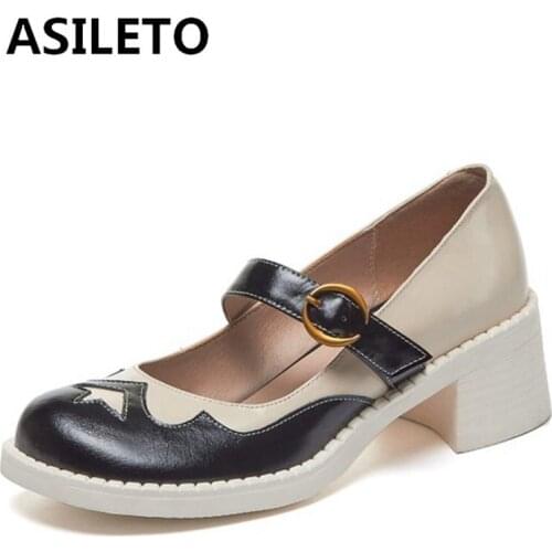 ASILETO 2021 Fashion Women Shoes Genuine Leather Spring Autumn Ladies Pumps Round Toe Fastener Mary Jane 5cm Square High Heels