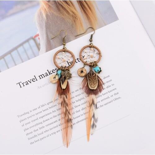 Bohemian Vintage Style Earrings 2020 Summer Dream Catcher Fashion Temperament Tassel Feather Earrings For Women Jewelry Gift