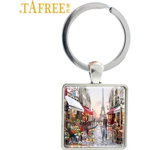 TAFREE Art Picture Eiffel Tower Keychain Keyring France Lovers Stroll In The Streets Of Paris Romantic Lovers Jewelry E525
