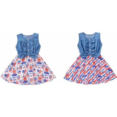 Independence Day Kid Girl Dress Summer Kid Cotton Denim Patchwork Girl Dress Sleeveless Kids Girl Clothing 2-6Y