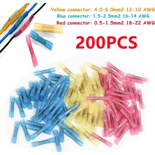 200/100pcs Electrical Heat Shrink Butt Crimp Terminals Waterproof Fully Insulated Seal Wire Connectors AWG 22-10 Cable Terminal
