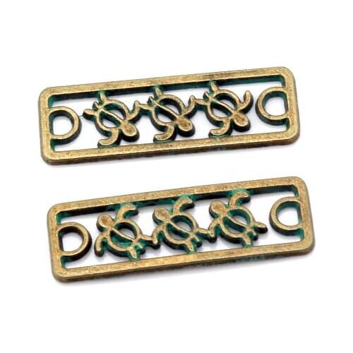 FERVENT 50pcs/lot 34x12mm Antique Green Bronze Hollow Rectangular Turtle Pattern Connector Pendants Beads PJ287