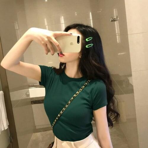 Korean Style Summer Solid Color T-Shirt Woman Slim Elastic Short-Sleeved Ladies Tees Clothes Female Student Base T Shirt