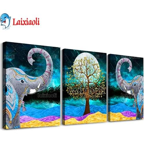 Living room, farmhouse diamond mosaic decoration blue abstract animal landscape new arrival,elephant money tree picture Triptych