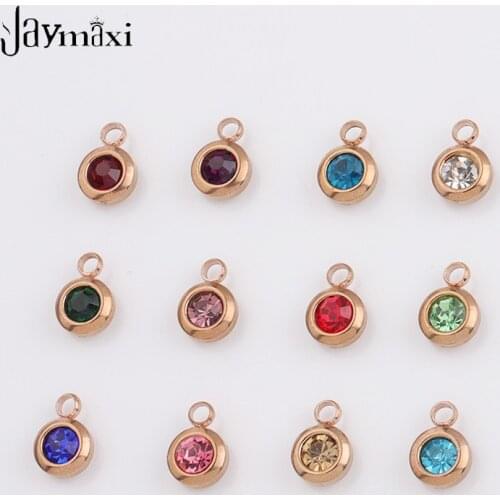 Jaymaxi Rose Gold 12 Birthstones Charms 6.5mm Stainless Steel Rhinestones DIY Jewelry Making 50Pieces/lot