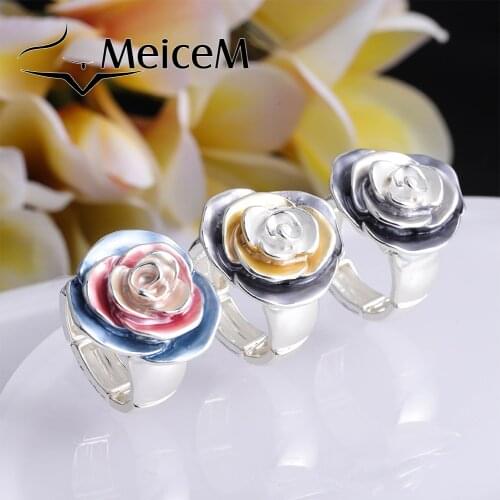 MeiceM Enamel Rose Flower Rings for Women Trendy Boho Adjustment Ring Silver Color Alloy Ring Mothers Day Gifts Accessories 2021
