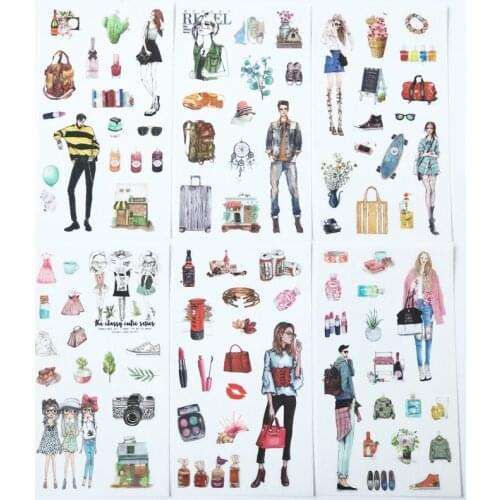 6 Sheets Fashion Model Boys Girls Decorative Stickers Album Diary Stick Label Paper Decor Hand Account