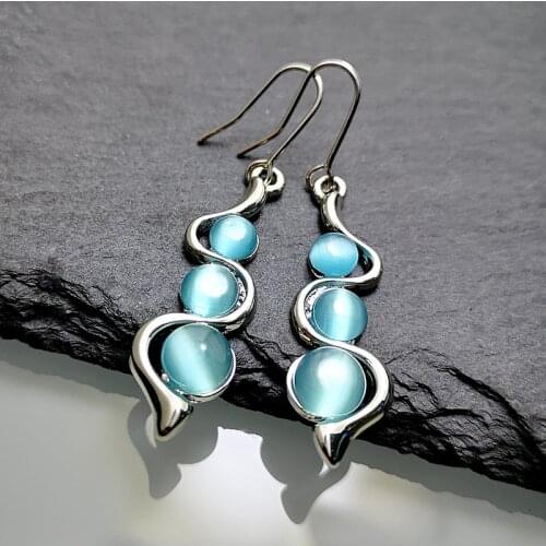 Fashion Beaded Earring Resin Stone Blue Moonstone Dangle Brincos Long Jewelry Charm Silver Color Twist Hook Earrings For Women