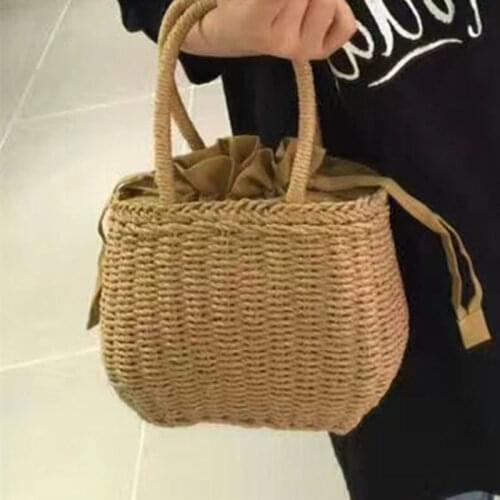 New Drawstring Straw Bag Solid Color Hand Straw Bag Hand-woven Bag with Thick Paper Rope