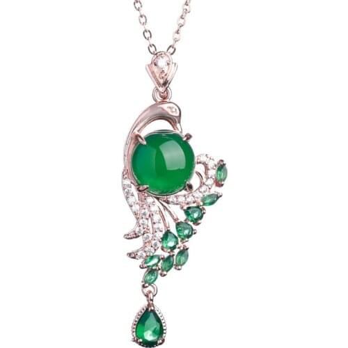 100% Natural real green jade Chalcedony Phoenix Pendant necklace emerald ladies chain jade gift fine jewerly Lady Party Gift