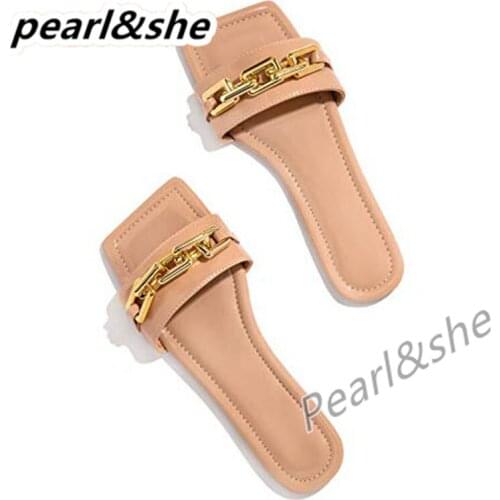Summer woman sandals Women Synthetic Leather Flat Sandals - Leather Strap Slides with Chain Open toe Summer Slippers