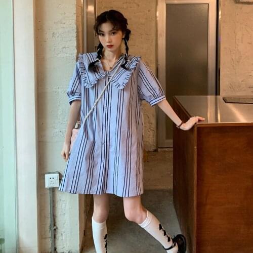 2021 loose striped cotton short-sleeved wooden ear shirt doll collar striped short-sleeved college dress