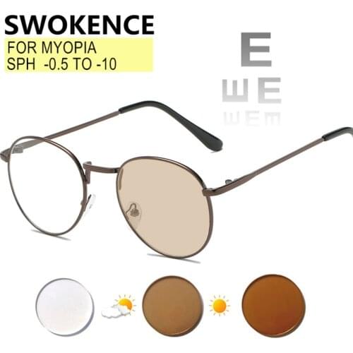 SWOKENCE Photochromic Anti Blue Ray Myopia Glasses Prescription -0.5 to -10 Women Men Alloy Frame Nearsighted Astigmatism F084