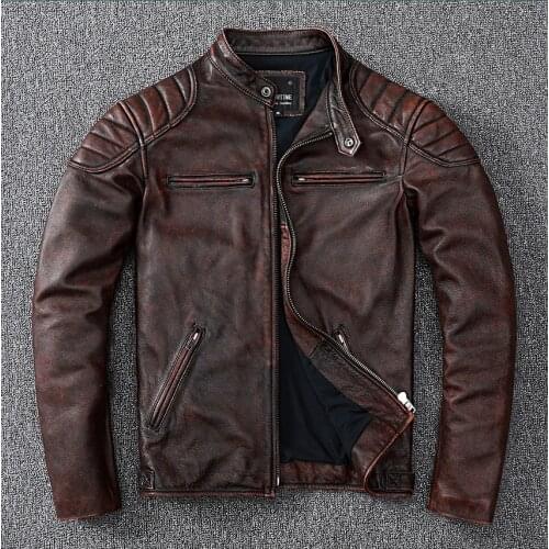 YR!Free shipping.classic motor biker genuine leather jacket.men quality vintage brown cowhide coat.slim leather clothes.sales
