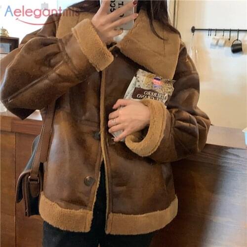 Aelegantmis Korea Thick Oversized Faux Leather Jacket Women Winter Warm Loose Ladies Pu Leather Outwear Causal High Street Coats