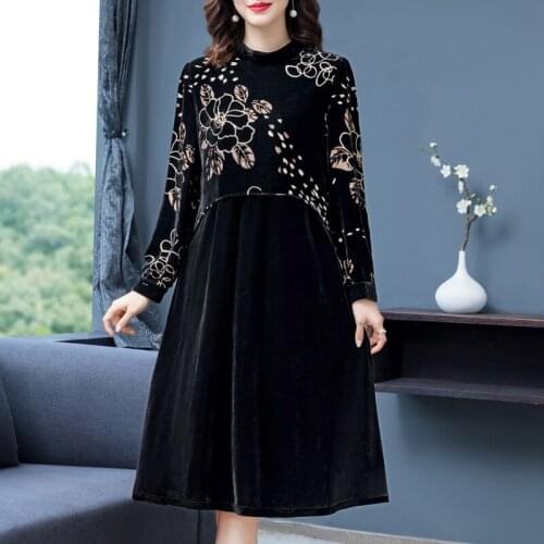 Fall Spring Vintage Woman Clothes , Stand Collar Printed Floral Black Velvet Dress , Casual A Line Velour Dresses for Woman