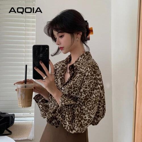 2021 Summer Fashin Vintage Button Up Women Blouse Tunic Shirt Leopard Oversize Long Sleeve Ladies Shirts Turn Down Collar Tops
