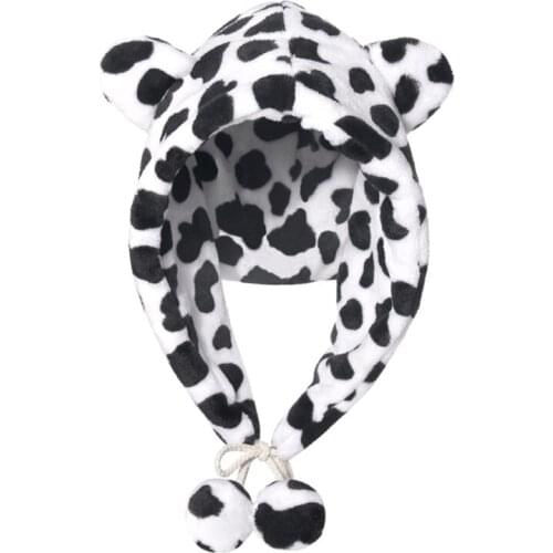 Women Winter Fluffy Warm Cow Print Hoodie Earflap Cap Collar Scarf Storage Bag H9ED