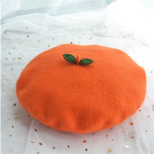 Beret hat women autumn woolen painter cap handmade orange green leaves thick warm peas pumpkin hat