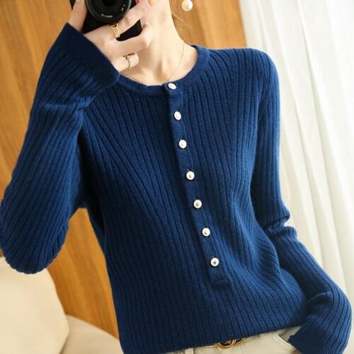 Spring and autumn new knitted pullover 100% pure wool womens round neck all-match loose bottoming shirt short sweater