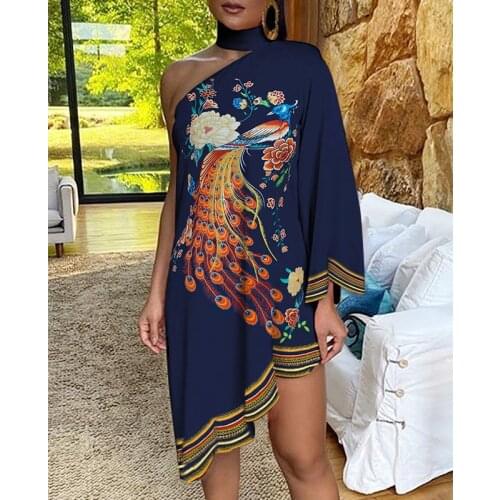 Boho Floral Leopard Diagonal Hem Women Dress Sexy Lady Evening Party Summer Beach Casual One-Sleeve Off-the-Shoulder Sundress