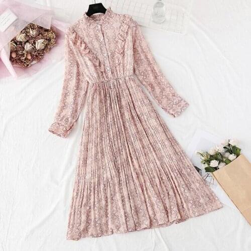 2020 Korean spring Print Women Chiffon Dress Vintage Long Sleeve Mid-Calf Party Dress Button Ruffles Vestidos Sweet Clothing