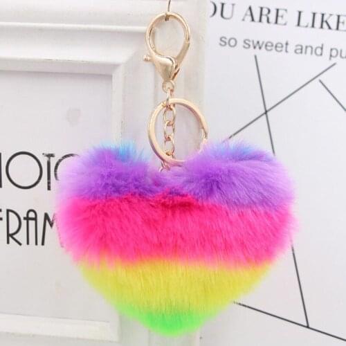 20PCS Colorful Heart-shaped Hair Ball Keychain Cute Simulation Rabbit Hair Car Key Circle Bag Pendant Jewelery 10CM