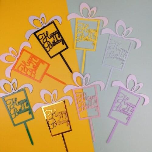 2020 Gift Box Theme Acrylic Birthday Cake Topper Gold Silver Happy Birthday Cake Topper for Kids Birthday Party Cake Decorations