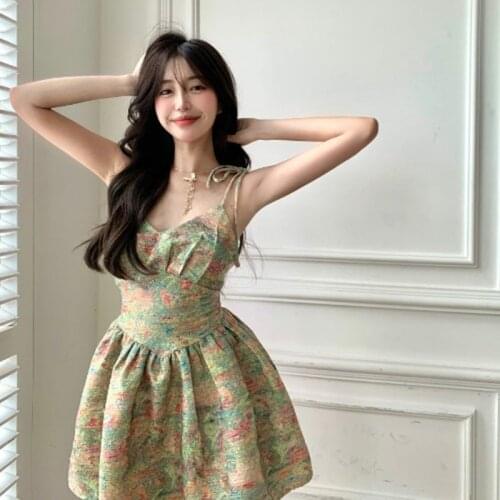 2021 Summer Floral Printed Sexy Dress Women V-Neck Painting Spaghetti Strap Holiday Beach Korean Fashion Vintage Dress Chic