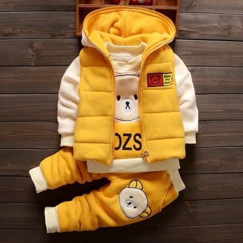 2020 Fall Winter Baby Clothing Set 3 Pcs Newborn Cute Cartoon Bear Velvet Clothes Kids Hooded Vest Coat + Tops + Pants Suit X205