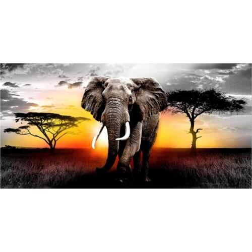 5D DIY Full Round Diamond Painting African Elephant Cross Stitch 3D Embroidery Sunset Scenery Rhinestone Mosaic Home Decor Y1715