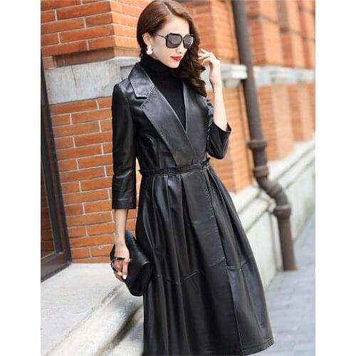 Free Shipping New Genuine Lamb Leather Jacket X-long Womens Real Leather Coat Sheepskin Garment Wholesale Retail OEM