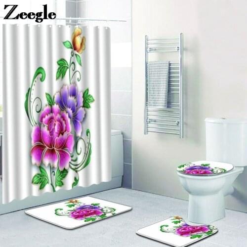 Home Decor Bath Mat and Shower Curtain Set Microfiber U-Shaped Toilet Rug Shower Room Floor Rug Absorbent Foot Mat Set