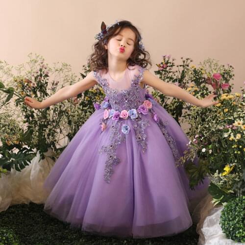 Flower Girl Elegant Dress First Communion Dresses for Girls Children Purple Tulle Ball Gown Kids Pageant Wedding Clothes for Kid