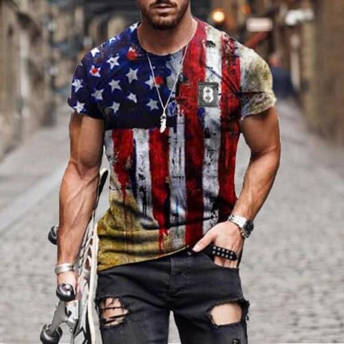 Summer Mens T Shirt Retro American Flag Print T-shirt Training Gym Clothing Bodybuilding Fitness O Neck T Shirt For Men 2021