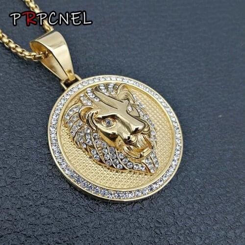 Hip hop Round Lion head Pendant Stainless Steel Iced Out Rhinestone Animal Pendant Necklace Chain Fashion Punk man Jewelry