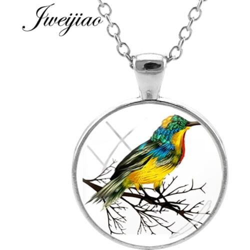 JWEIJIAO Colorful Feathers Birds Charms Necklace Chokers 25mm Glass Gems Dome Pendant For Bird Lovers Jewelry Party Gift BD18
