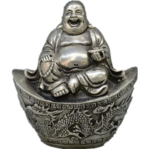 Chinese Buddhism miao Silver Happy Laugh Maitreya Buddha fengshui Yuanbao Wealth Statue metal handicraft
