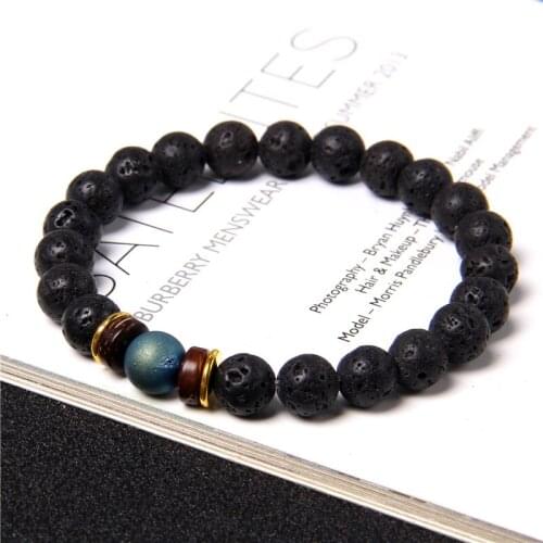 Classic Natural Lava Stone Bracelet Men Women 8mm Round Matte Metallic Coated Druzy Agates Beaded Charm Bracelet Jewelry Couples