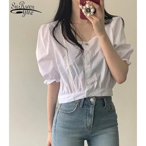 Korean Clothes Chic Lace Stitching Short Sleeve Sweet Womans Shirt Square Collar Puff Sleeve Super Short Top Blusas Mujer 10099