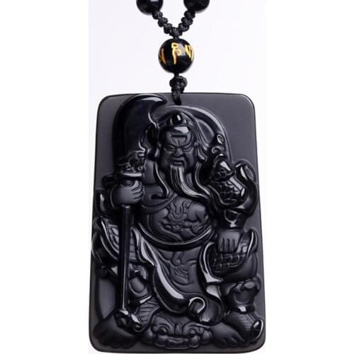 Natural Obsidian General Guan Gong Jade Pendant Jewelry Lucky Auspicious Amulet Domineering Pendant Necklace Jade Fine Jewelry