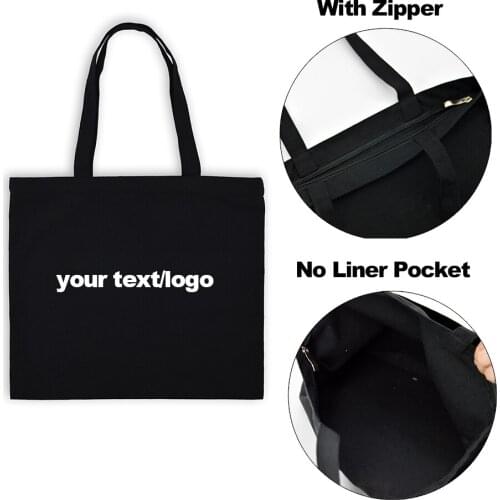 Fashion Custom Bags with Zippered Shopping Tote Bag for Women Eco Reusable Canvas Bags Black White Beige